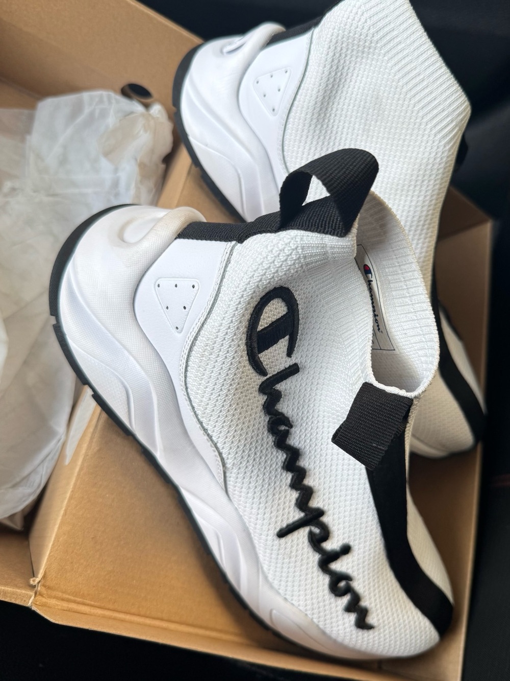 Champion White and Black Slip-On Knit Sneakers with Script Logo